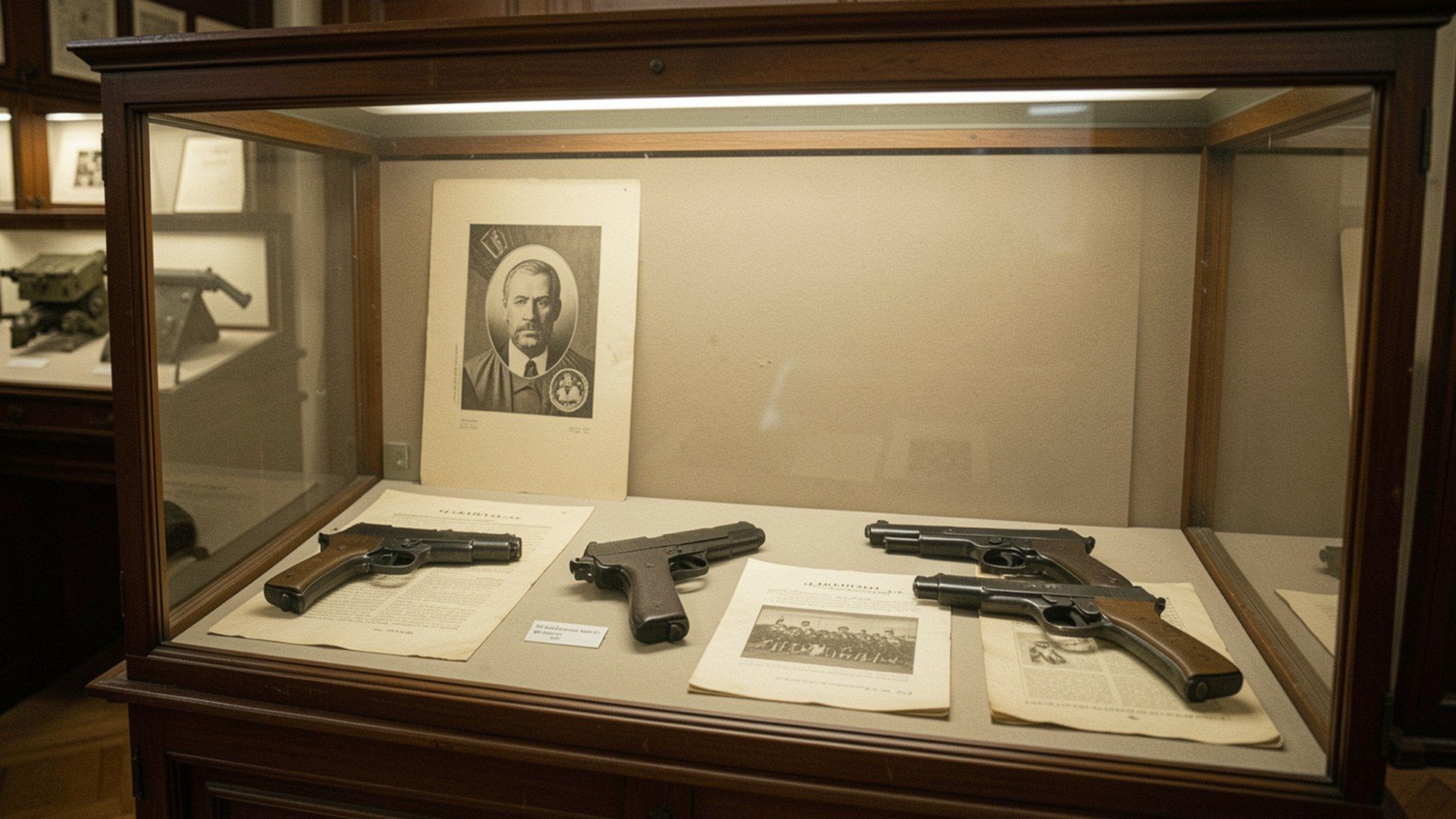 Luger p08: 20. yüzyıl başı askerî müzesinde Luger P08 ve dönem belgelerinin kapalı vitrinde sergilendiği tarihsel sahne