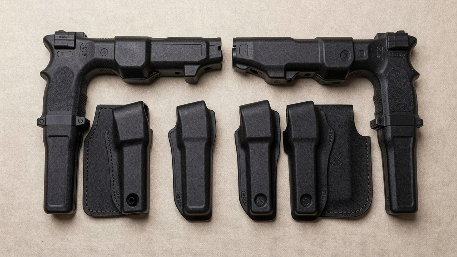 Canik TP9 ailesine uygun boş polimer ve deri kılıfların premium ürün flat-lay kompozisyonu
