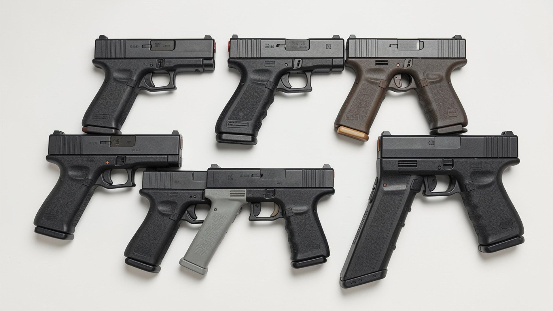Glock markasının tarihi: farklı dönem Glock tarzı hizmet tabancalarının aynı aile hissi veren düzenli sergileme kompozisyonu