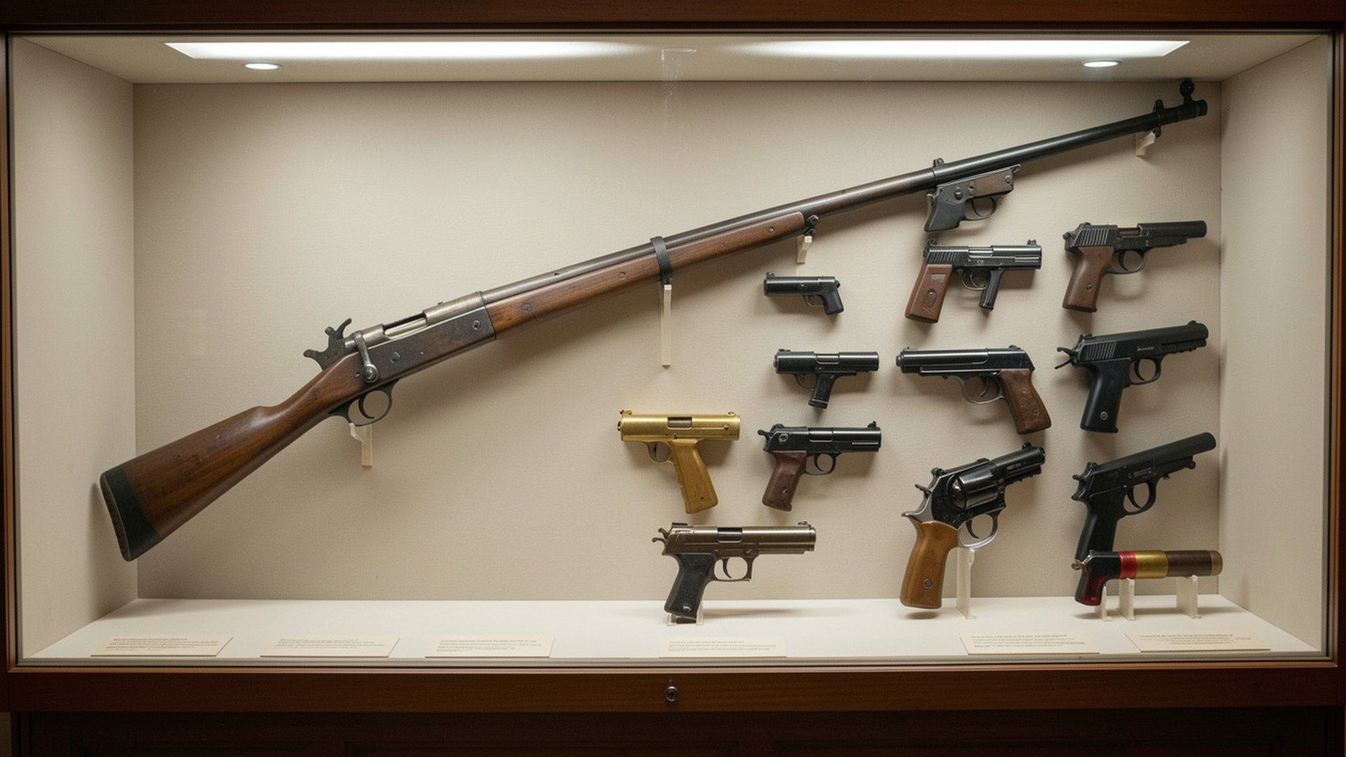 Beretta markasının tarihi: klasik av tüfeği, tarihî tabanca ve modern Beretta tarzı ürünlerin kapalı müze vitrininde kronolojik sergisi