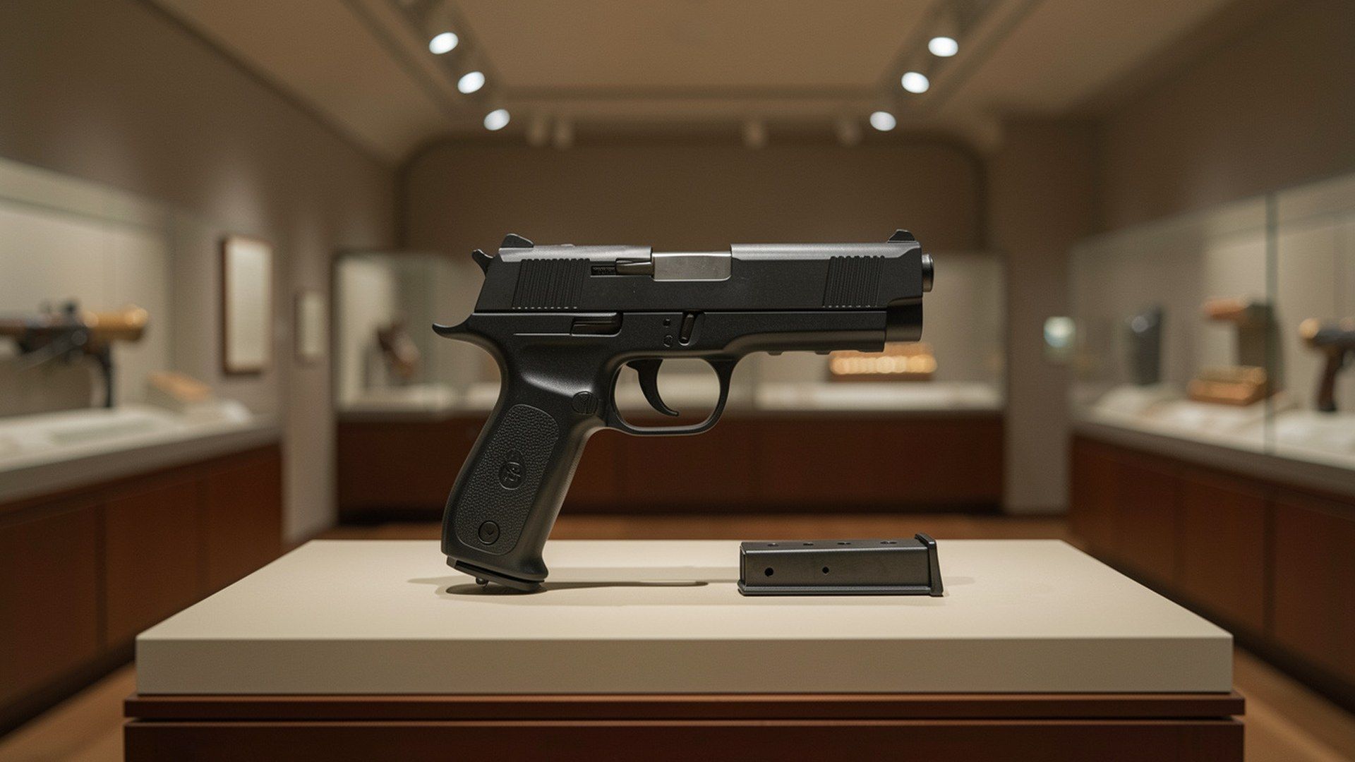 Klasik Beretta 92 tarzı hizmet tabancasının güvenli müze sergisi