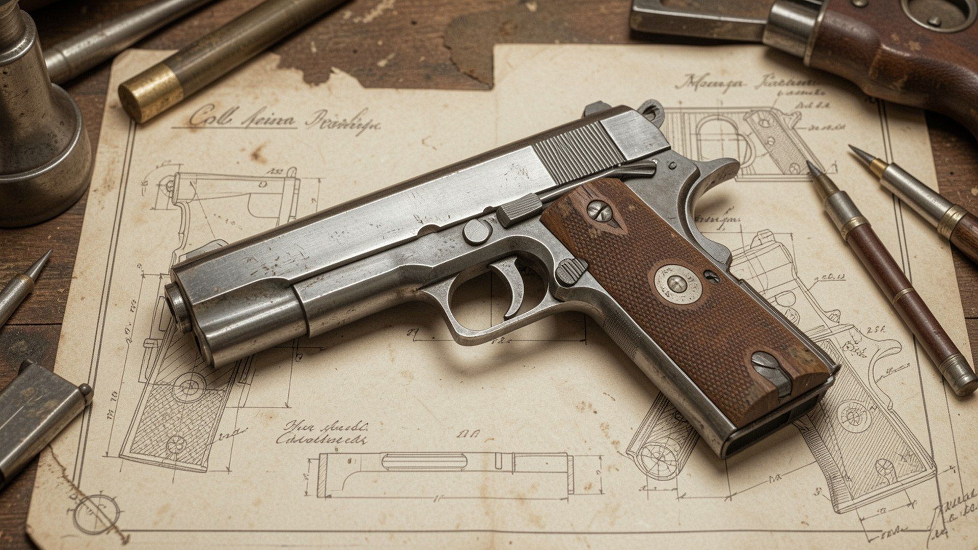 Klasik Colt 1911 tabancasının tarihsel kökenini anlatan editoryal kompozisyon