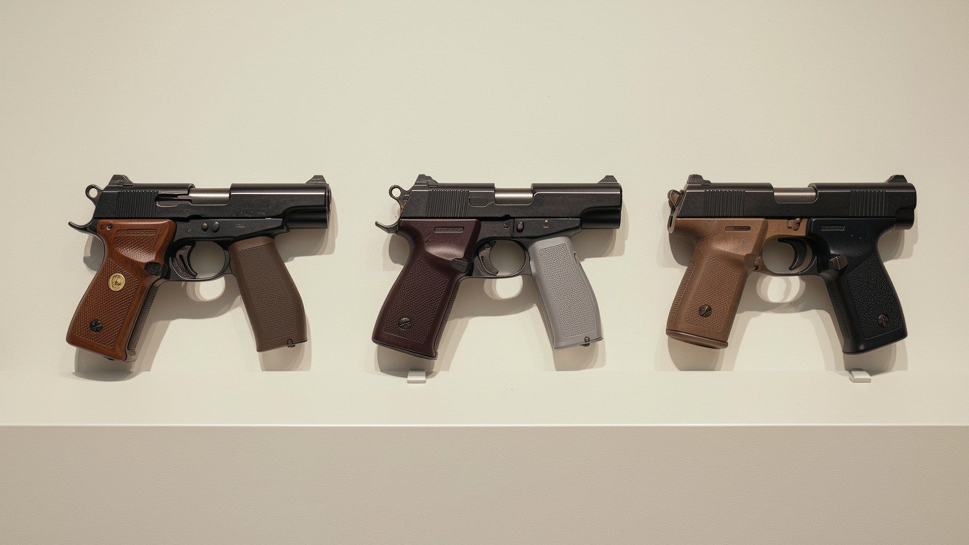 Double action ve single action: klasik single action, DA/SA ve modern striker-fired tasarım ailelerini temsil eden üç etkisiz tabancanın müze tarzı yan yana