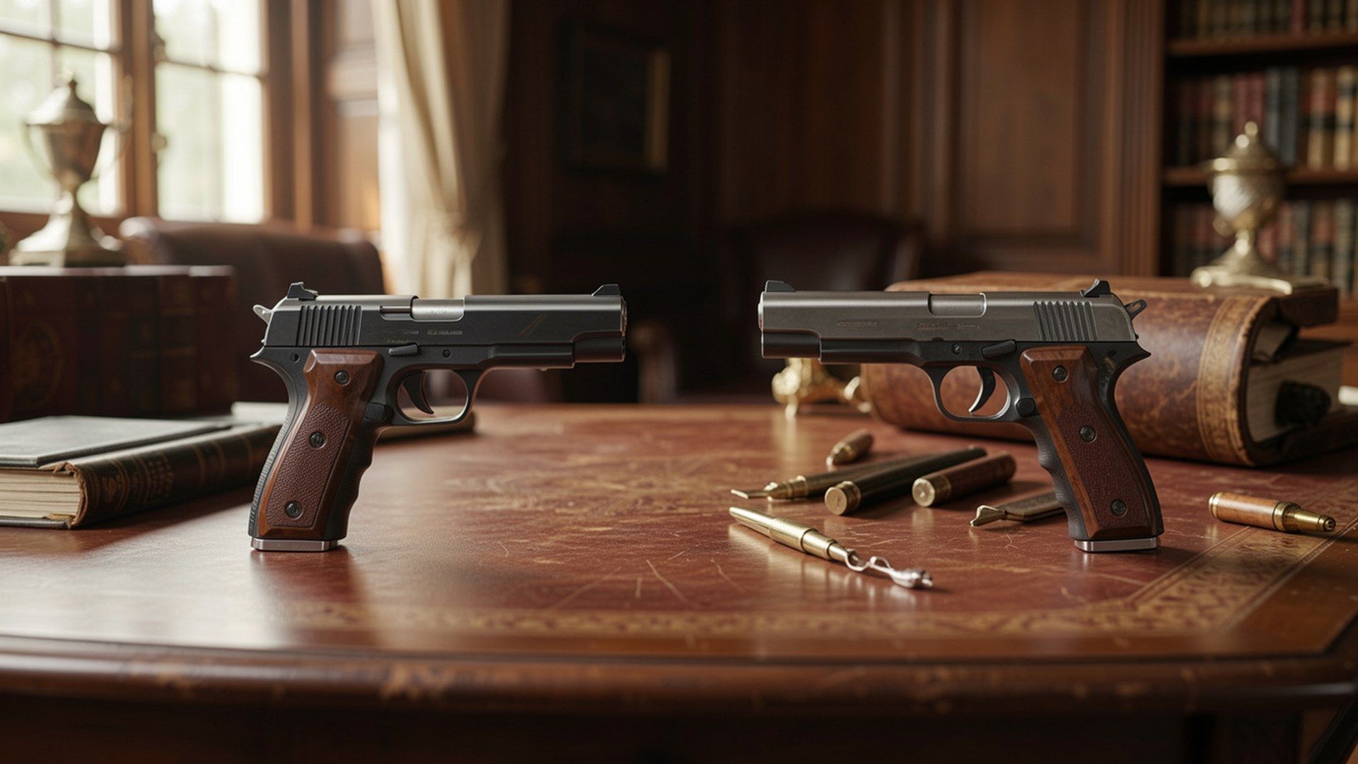 Glock 17 ile beretta: koleksiyon masasındaki modern ve klasik hizmet tabancası estetiklerini temsil eden iki modelin tarihsel atmosferli karşılaştı