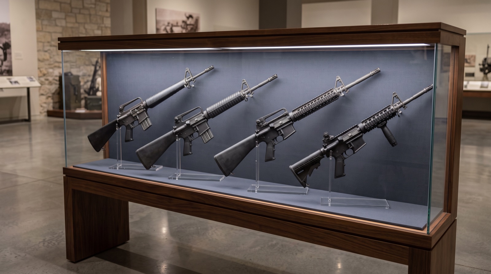 M16A1, M16A2, M16A4 ve M4A1 tasarım ailelerini temsil eden müze modelleri