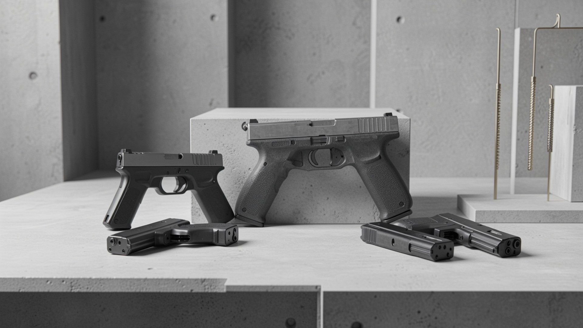 Glock markasının tarihi: marka tarihini çağrıştıran minimalist üretim ve tasarım stüdyosu atmosferinde modern tabanca parçaları ve temiz endüstriyel e