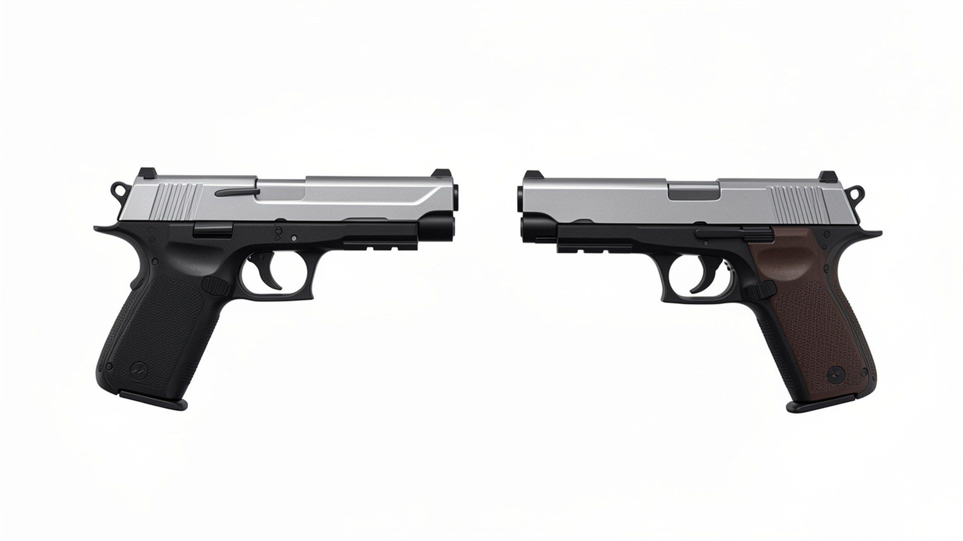 Glock 17 ile beretta: modern tasarımlı tabanca ile klasik hizmet tabancasının siluet farklarını vurgulayan yandan görünüm karşılaştırması