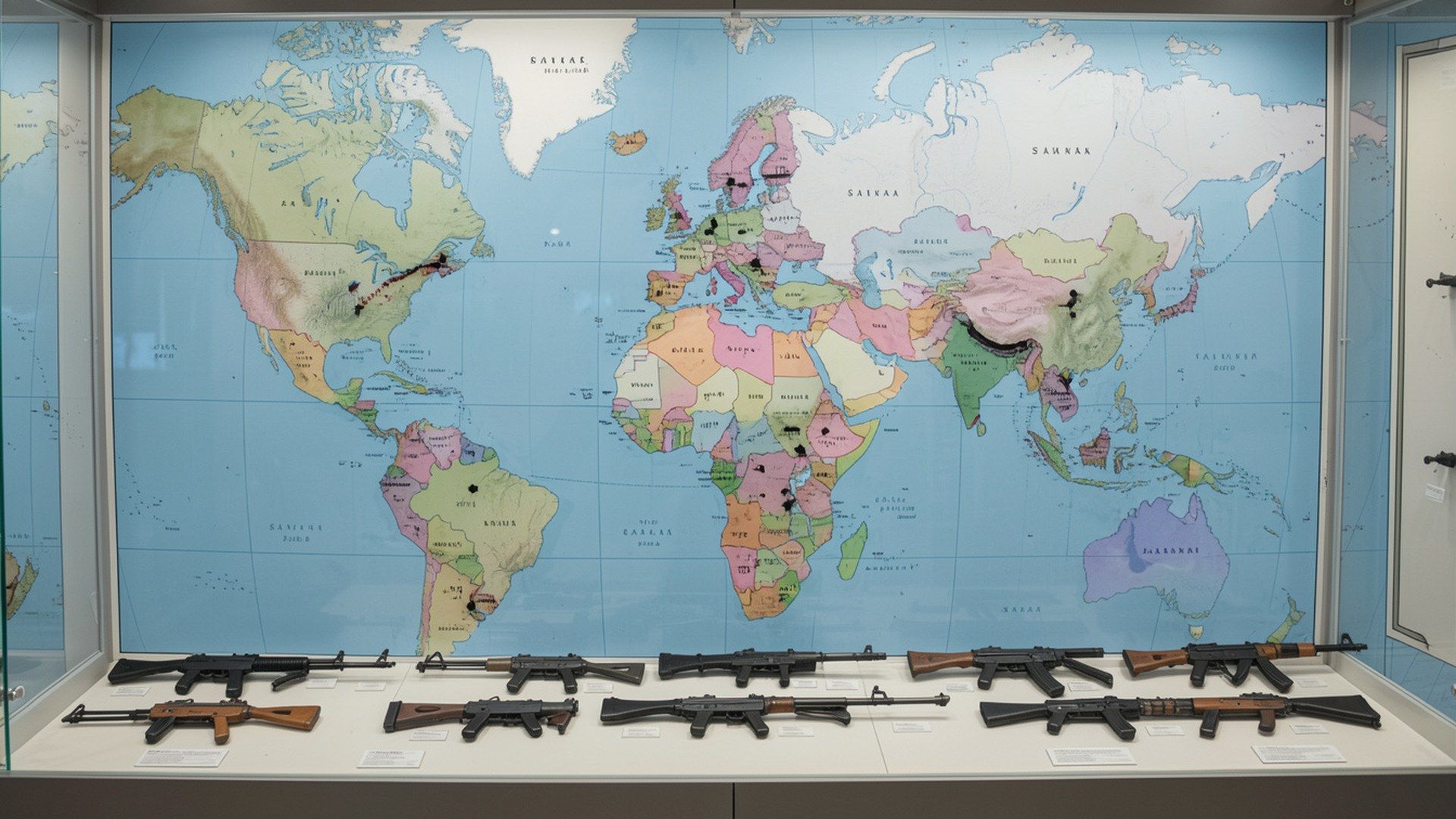 Ak-47 tarihçesi: soğuk Savaş dönemini temsil eden dünya haritası arka planında farklı ülkelerde üretilen Kalaşnikov türevlerinin müze vitrinin